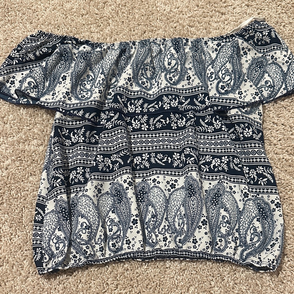 Navy Blue Paisley Off-Shoulder Top